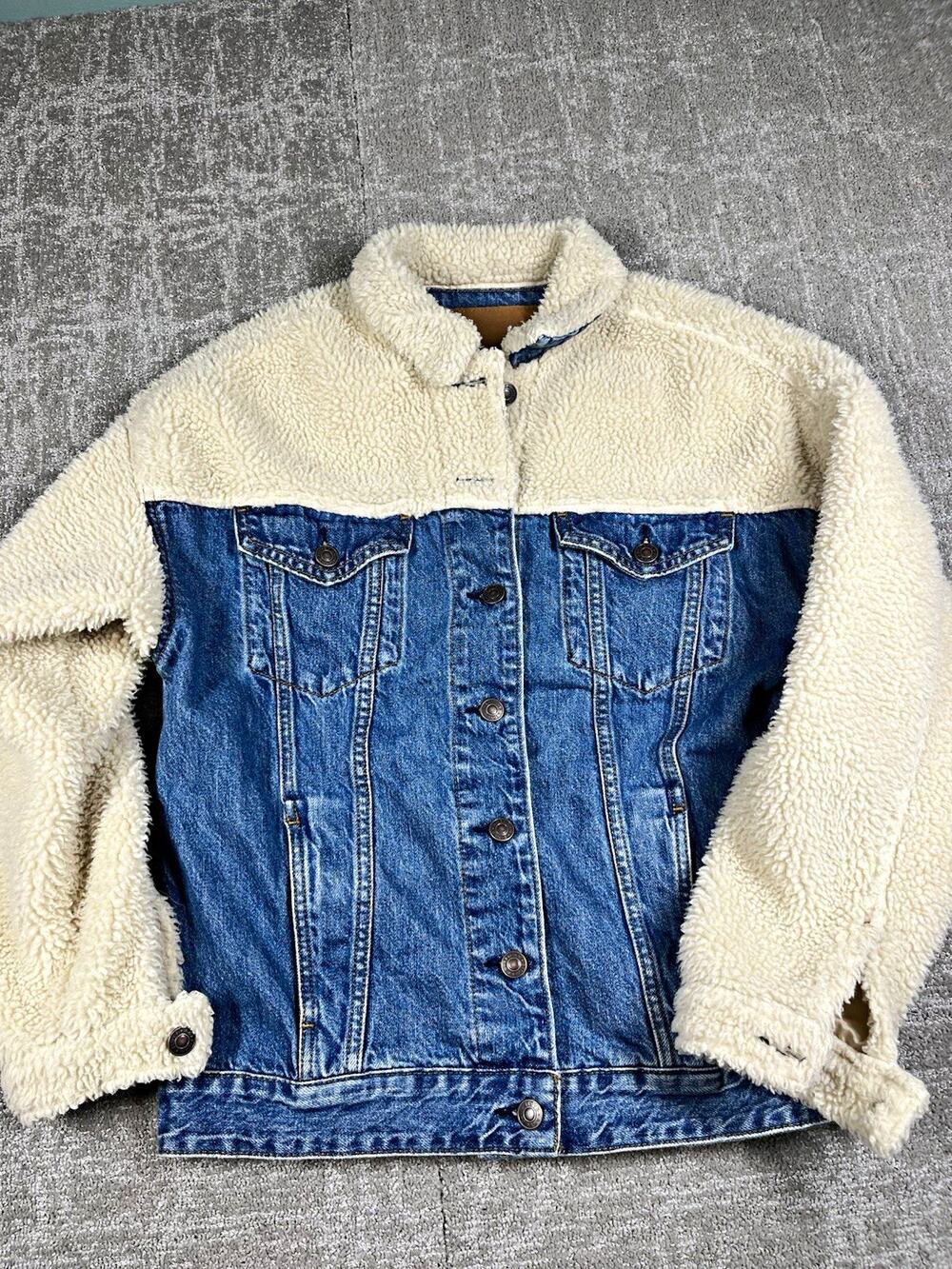 American Eagle Sherpa Lined Jacket Blue/Ivory Button Front Pockets Women’s XS